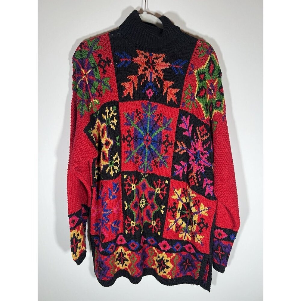 Vintage 90s handknit Knitting Needles holiday snowflake turtleneck sweater L